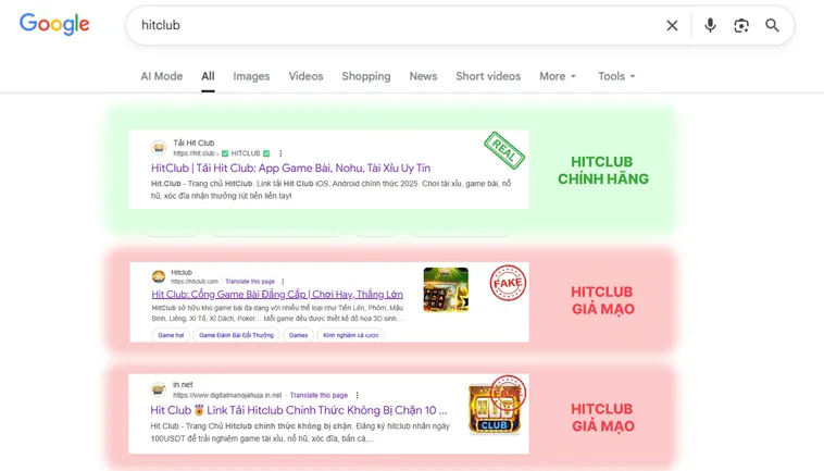 Link thật Hit.Club không yêu cầu nhập mật khẩu hay OTP ở các trang trung gian, còn link giả Hit.Club thường tạo form giả mạo.
